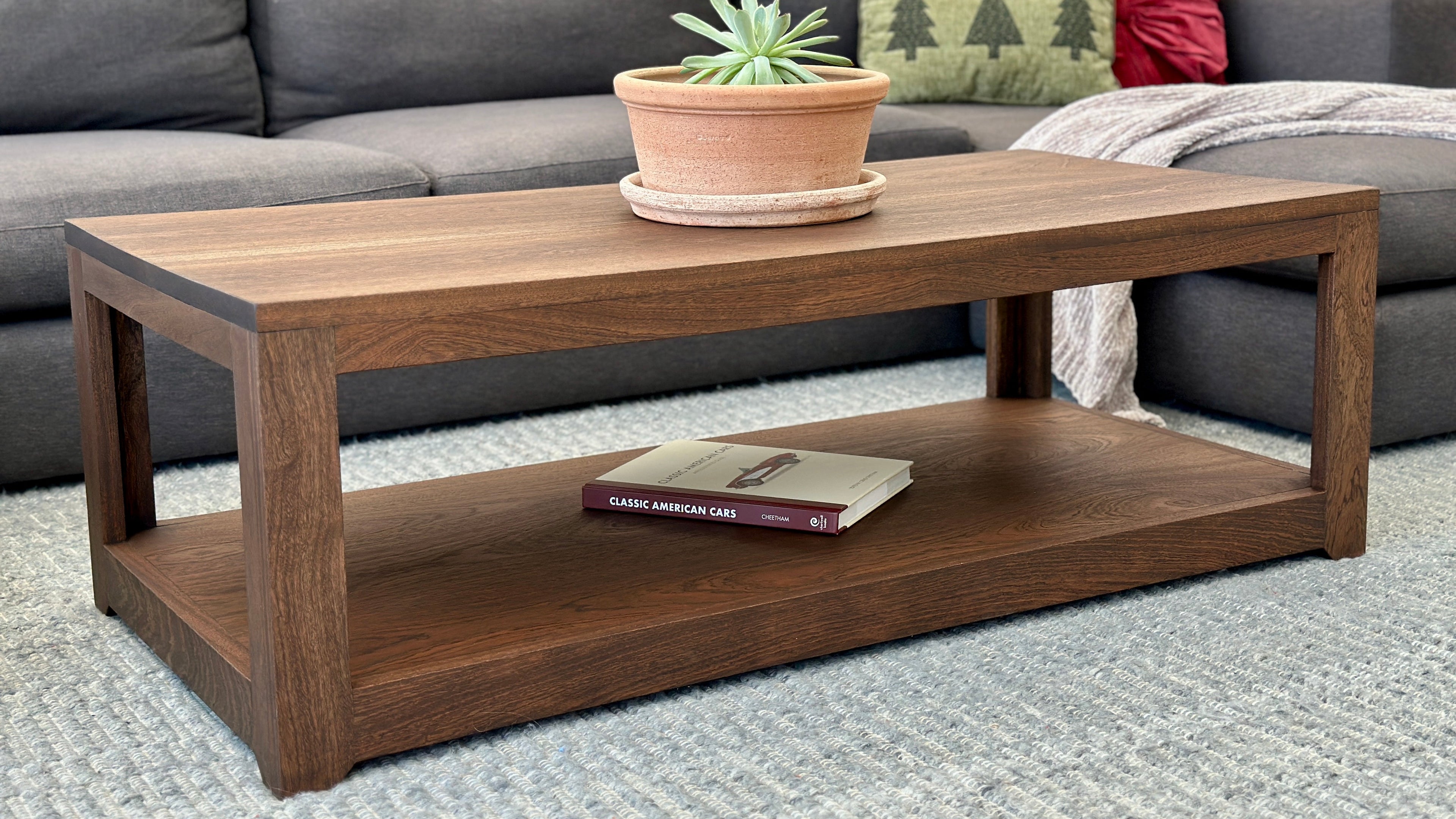 Wooden coffee table with a book and plant in a living room setting

